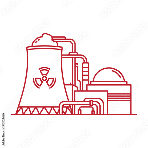 red line drawing of a nuclear power plant with cooling tower and radiation symbol