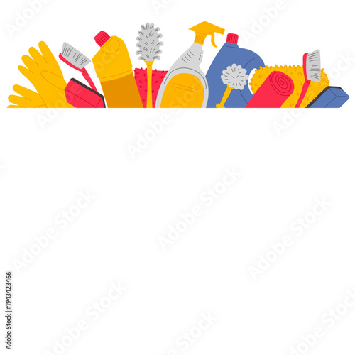 Border frame with copy space for selling cleaning products, household chemicals, and various brushes for cleaning.