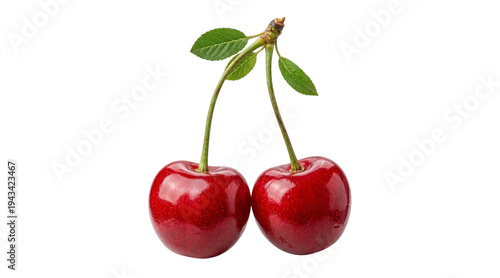 Two vibrant red cherries with green stems and leaves, isolated on white, perfect for healthy eating, natural fruit, and summer produce concepts