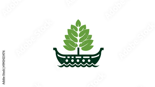 A simple illustration of a green tree on a dark boat sailing on the sea waves
