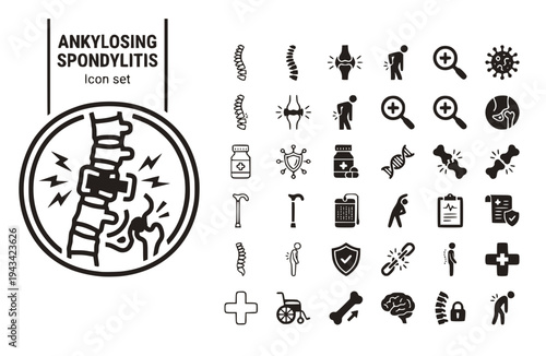 Ankylosing Spondylitis Icon Set Inflammatory Arthritis Spinal Inflammation Chronic Pain Autoimmune Disease Joint Stiffness Vector Illustration