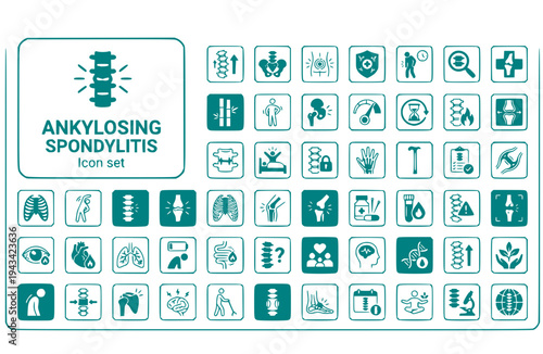 Ankylosing Spondylitis Icon Set Inflammatory Arthritis Spinal Inflammation Chronic Pain Autoimmune Disease Joint Stiffness Vector Illustration