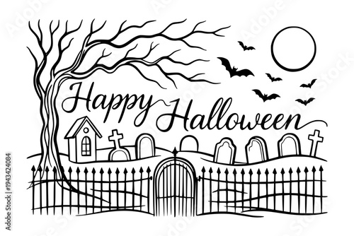 A Halloween graveyard scene with tombstones and bats in line art style on white background, concept of spooky holiday
