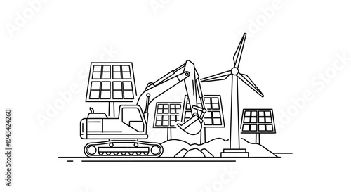 Excavator near solar panels and turbine.