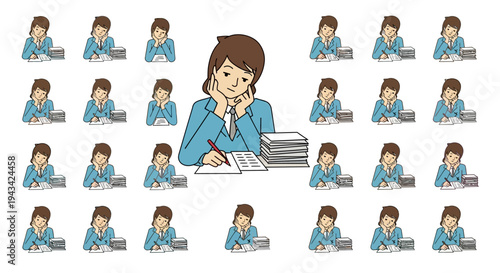 A woman working at her desk with various emoticons.