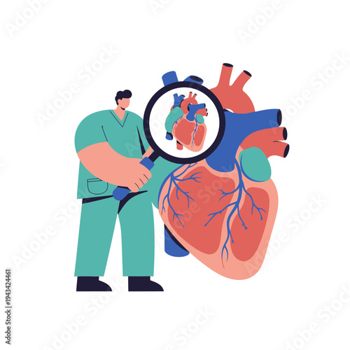 Doctor examining human heart with magnifying glass, cardiology concept