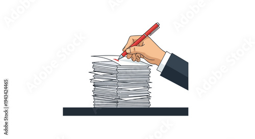 Hand holding red pen signing documents.