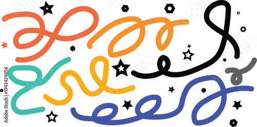 Colorful swirling lines and stars on a white background