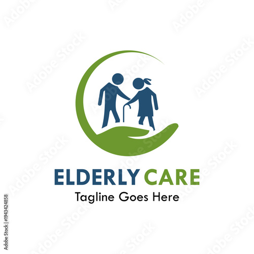 Elderly care logo featuring a hand cradling two senior figures with a walking cane, symbolizing protection, support, and nursing services for the aged in green and blue