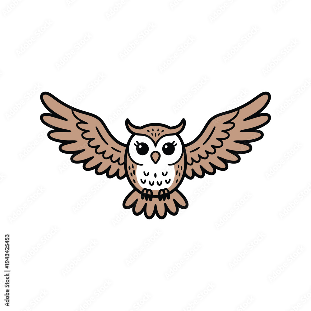 Obraz premium Cute Flying Owl Vector Illustration with Spread Wings and Big Eyes, Adorable Cartoon Bird Character Design for Children's Books, Education, and Nature Themes