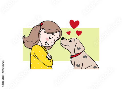 Cute Cartoon Girl and Puppy Sharing a Moment of Love and Friendship