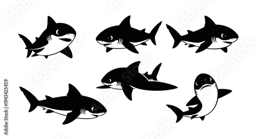 Cute Cartoon Shark Collection: Set of Adorable Sea Predators in Black and White