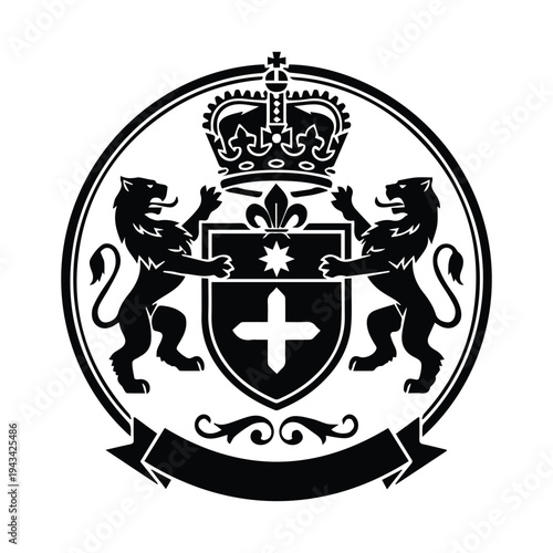 Black and white heraldic crest featuring lions a crown and a shield