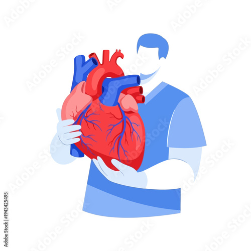 Doctor holding a human heart, cardiology, medical care, organ transplant, health concept