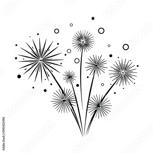 Black and white illustration of dandelion seed heads and scattered star shapes