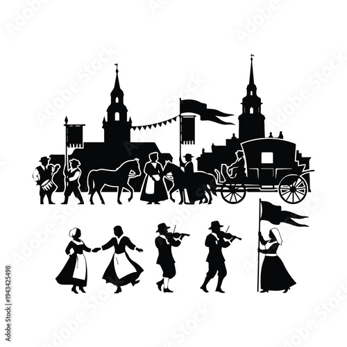 Black silhouette illustration of a historical procession and cityscape