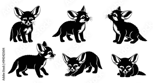 Cute Fennec Fox Pups Collection: Adorable Desert Animals in Black and White Silhouette