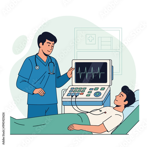 Doctor monitoring patient's heart rate on ECG machine in hospital room