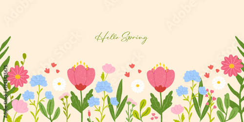 Hello spring greeting banner with blooming garden flowers