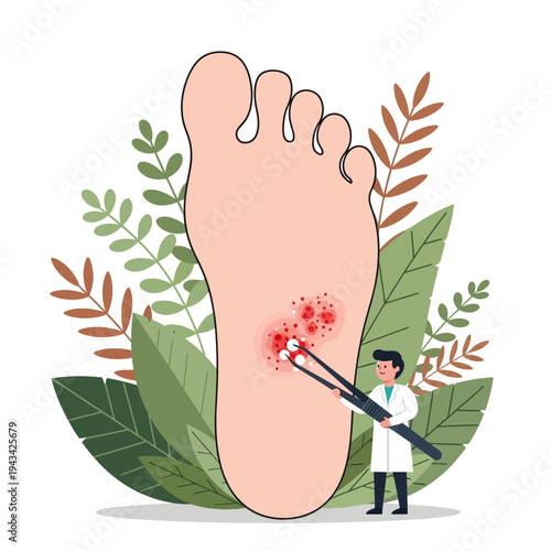 Doctor treating foot wart with tweezers and cotton swabs, close-up of skin condition and treatment