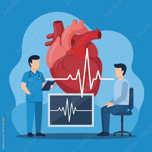 Doctor examining patient's heart health with ECG monitor and large anatomical heart illustration