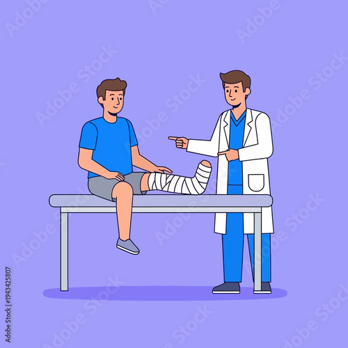 Doctor examining patient's leg cast on examination table, medical checkup