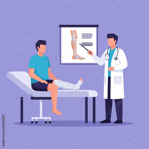 Doctor Explaining Leg Injury to Patient with Cast in Medical Office