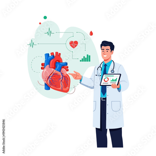 Doctor Explains Heart Health With Digital Tablet and Anatomical Model