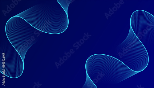 Dark blue abstract background with glowing fluid wave lines and futuristic style.