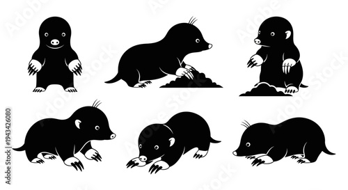 Cute Mole Illustrations: Set of Six Black and White Silhouettes in Various Poses