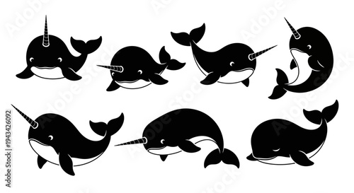 Cute Narwhal Collection: Set of 8 Black and White Cartoon Illustrations
