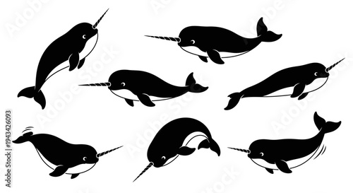 Cute Narwhal Collection: Diverse Poses of Arctic Whales with Tusks