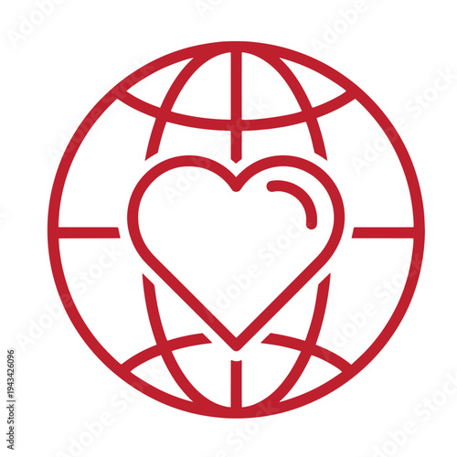 Red heart symbol inside a globe icon representing love and care for the world  a symbol of global affection and compassion