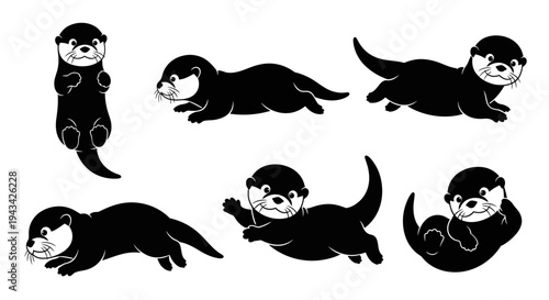 Cute Otter Silhouettes Collection: Playful Poses, Black and White Vector Graphics