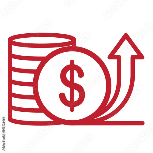 Red icon of a stack of coins with a dollar sign and an upward arrow indicating financial growth  symbolizing increasing profit or investment return