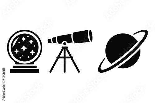 Space and future icons: telescope, planet, crystal ball