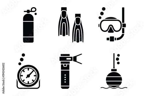 Scuba diving equipment icons: mask, tank, fins, buoy