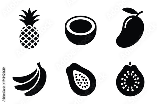Tropical fruit icons: pineapple, coconut, mango, bananas