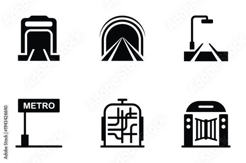 Metro station and tunnel icons: urban transport graphics