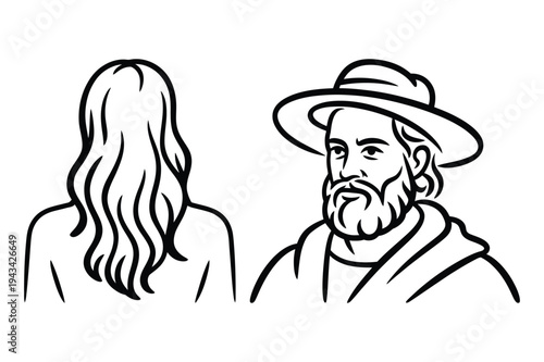 Artist's portrait: bearded man and woman from behind
