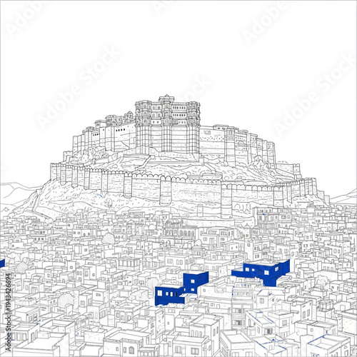 Illustration of a historic fortified cityscape with blue planes flying overhead.