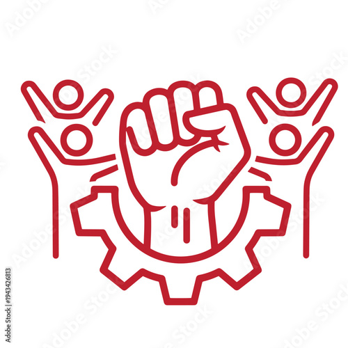 Red line art illustration of three people with fists raised in unity and solidarity with gear