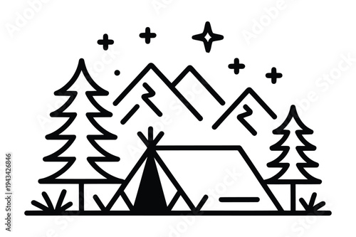 Camp tent under mountains and stars