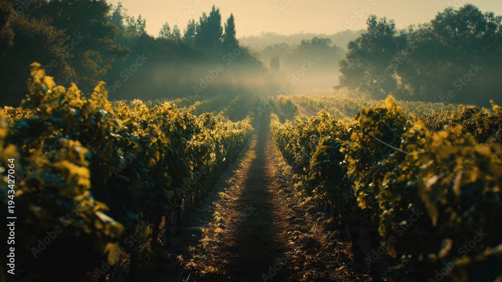 Fototapeta premium Vineyard rows at sunrise