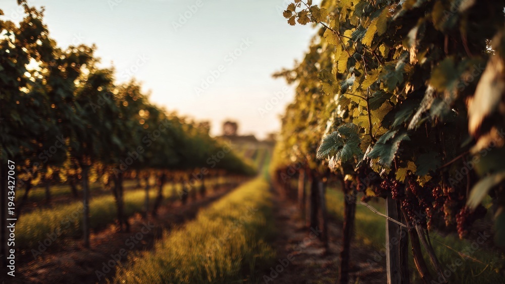 Fototapeta premium Vineyard rows at sunset