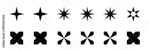 Collection of Black Starburst and X Shapes in Rows on White Background stars geometric