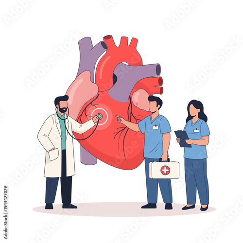 Doctors examine giant human heart, medical team cardiology checkup, healthcare concept