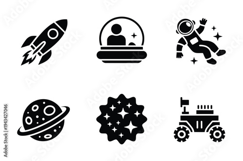 Space icons: rocket, astronaut, planet, rover