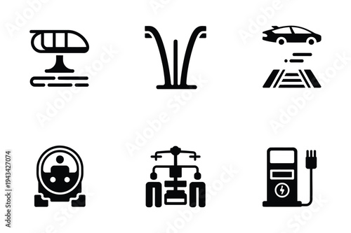 Electric vehicle and future transport icons: ev, charger, pod