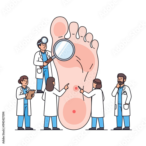 Doctors examining a giant human foot with blisters and warts, medical checkup concept